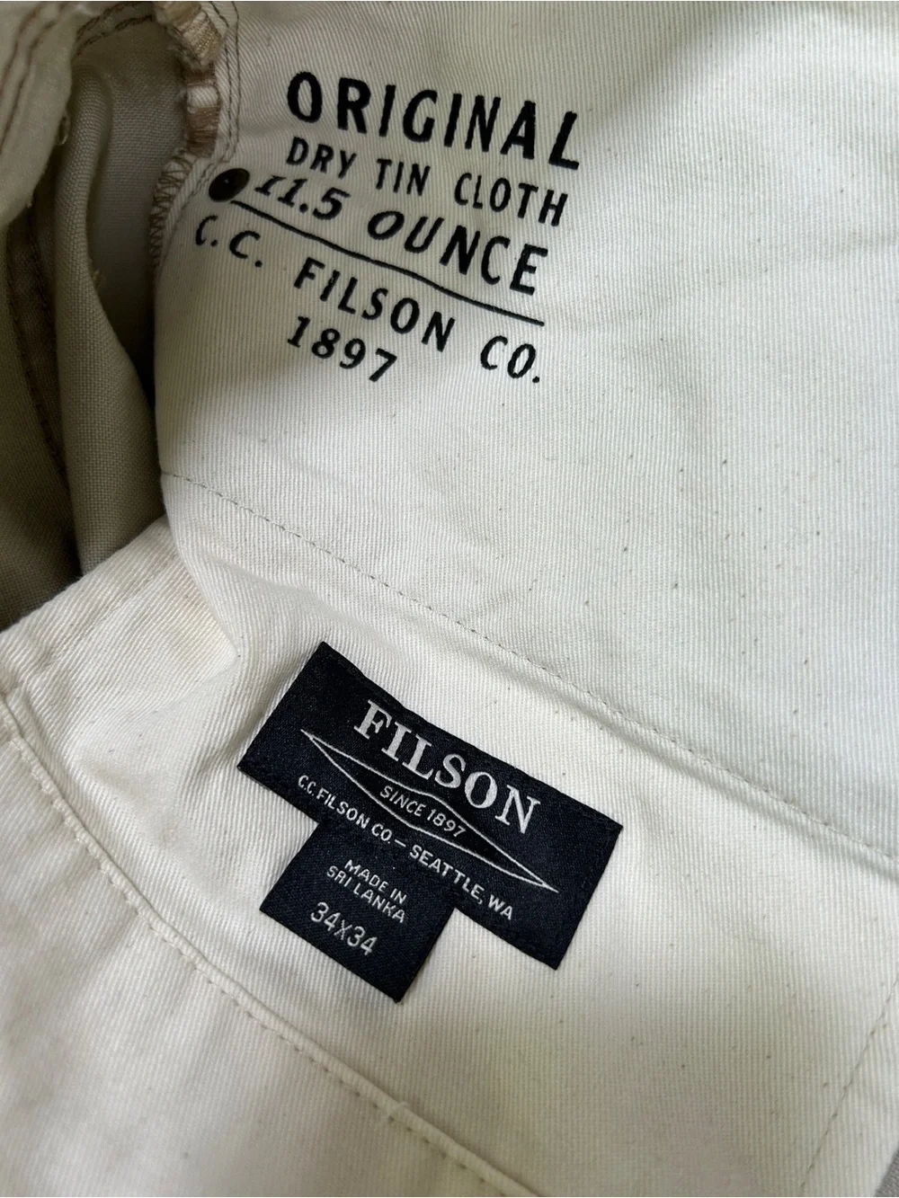 Filson Dry Tin Cloth 11.5 Oz 5-Pocket Pant Khaki Canvas Workwear Pant 34x34